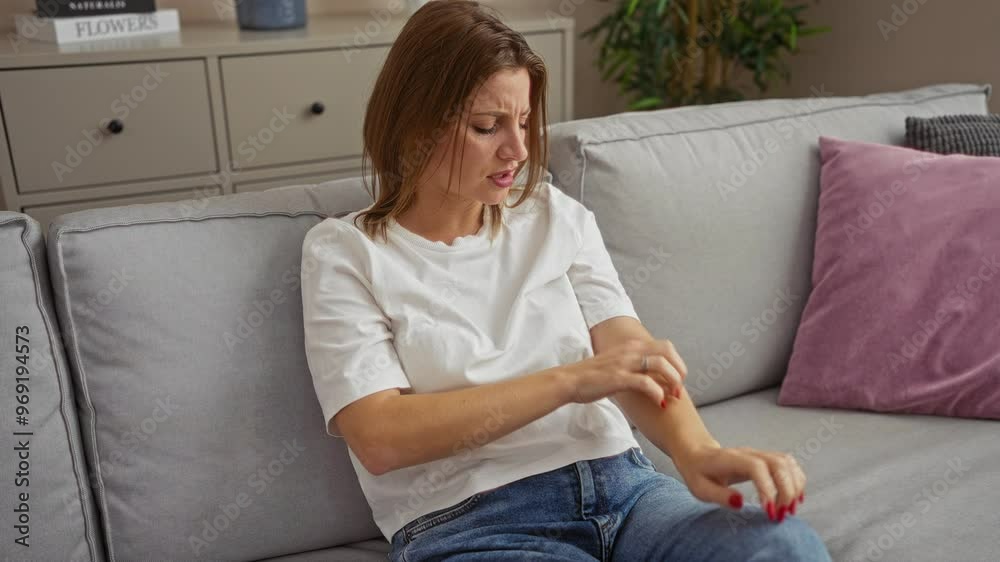 Woman scratching her arm on a gray sofa in a living room with pink cushions and cabinets in the background, expressing discomfort and irritation. Woman scratching her arm on a gray sofa in a living room with pink cushions and cabinets in the background, expressing discomfort and irritation.