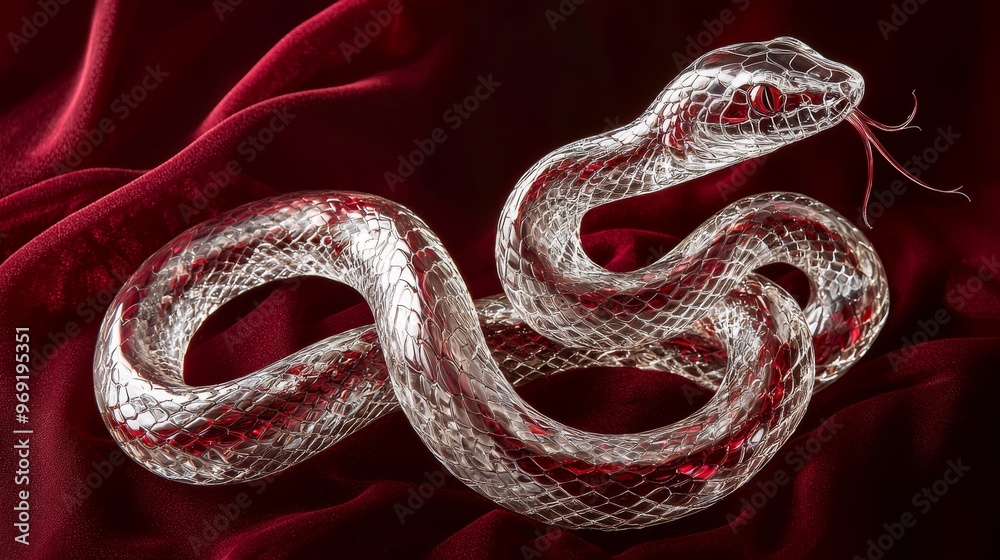 Fototapeta premium A glass snake with intricate scale details coiled on a dark red background