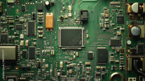 Closeup of green electronic circuit board with radio parts and chip processors background