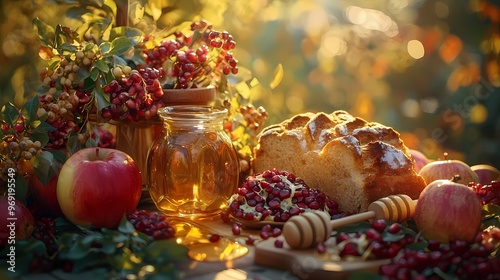 A warm autumn arrangement featuring apples, honey, and fresh bread. photo