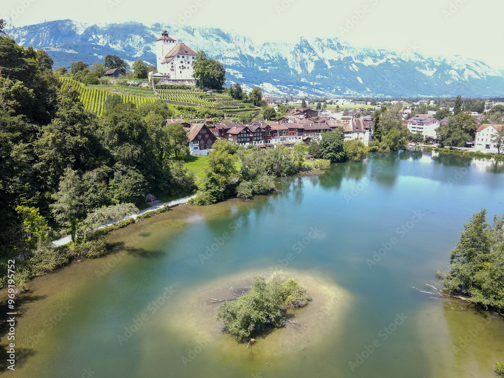 Drone view at the village of Werdenberg on Switzerland Drone view at the village of Werdenberg on Switzerland