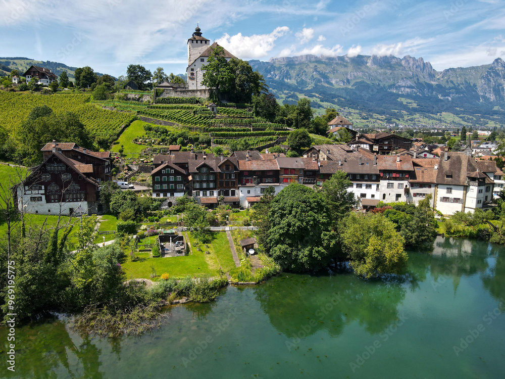 Drone view at the village of Werdenberg on Switzerland Drone view at the village of Werdenberg on Switzerland