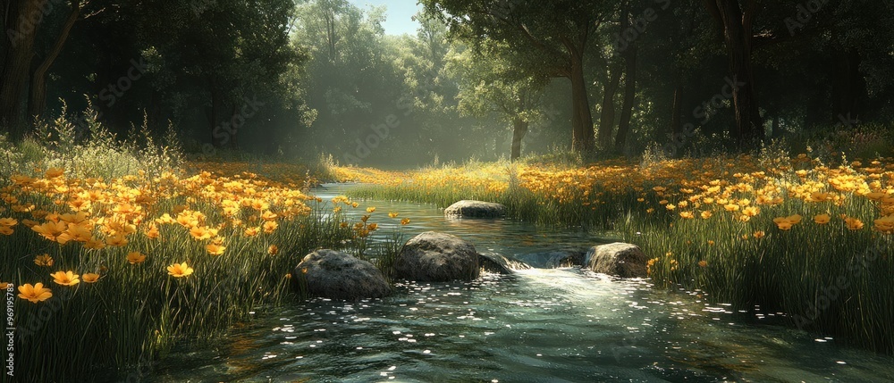 A Stream Flowing Through a Lush Forest Meadow A Stream Flowing Through a Lush Forest Meadow