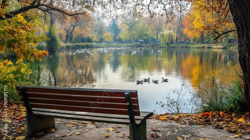 A wooden bench overlooking a serene pond in the park, ducks swimming near the water's edge, surrounded by trees.