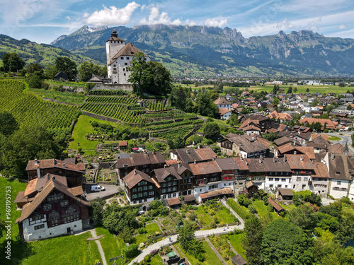 Drone view at the village of Werdenberg on Switzerland photo