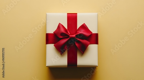 White gift box with red ribbon and bow on pale yellow background, minimalist composition, flat lay, clean aesthetic, high contrast, studio lighting, centered object.