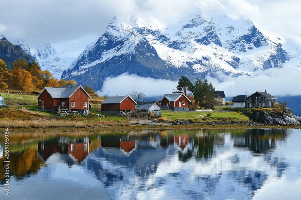 A small beautiful village in front of a snow capped mountain at a calm lake with reflection A small beautiful village in front of a snow capped mountain at a calm lake with reflection