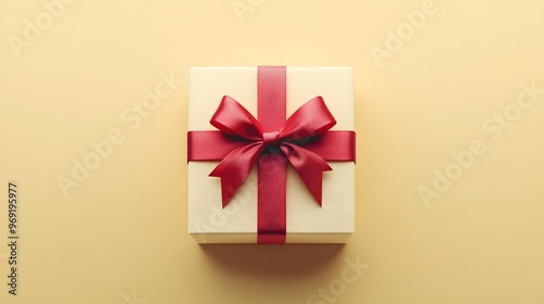 White gift box with red ribbon and bow on pale yellow background, minimalist composition, flat lay, clean aesthetic, high contrast, studio lighting, centered object.