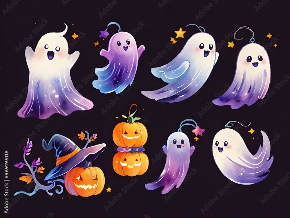 Watercolor Illustration Set of Cute Ghost and Halloween Ornaments Watercolor Illustration Set of Cute Ghost and Halloween Ornaments