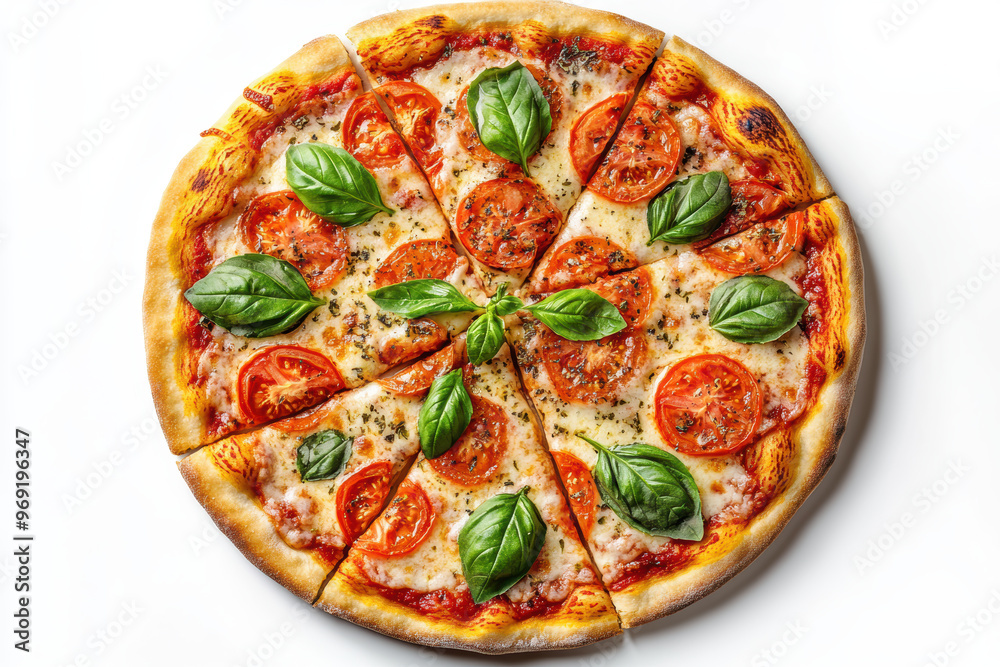 Delicious thin crust pizza topped with fresh basil and tomato slices Delicious thin crust pizza topped with fresh basil and tomato slices