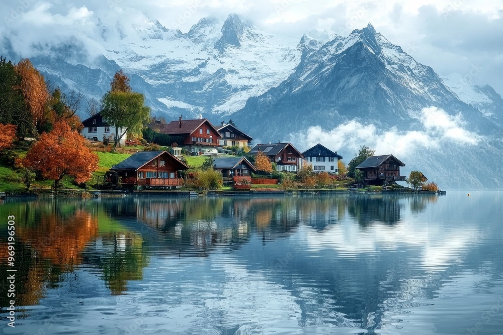 Naklejka premium A small beautiful village in front of a snow capped mountain at a calm lake with reflection