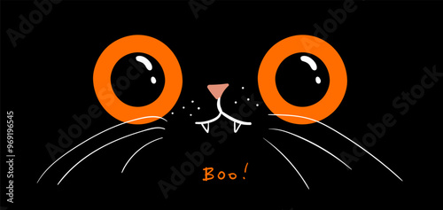 Black cat big yellow eyes. Halloween banner with text Boo.  Cute cartoon character.  Baby pet animal collection. Happy Halloween. Flat design. Black background. Vector illustrationillustration photo