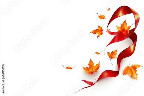 a curled corner of a red ribbon with a few golden autumn leaves attached, set against a white or transparent background, ideal for a promotional campaign or advertisement.