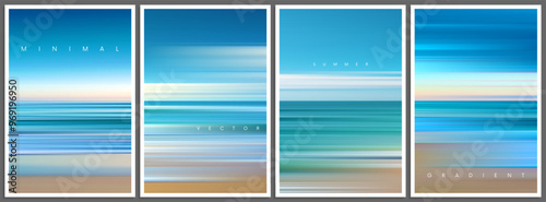 Set of summer gradient posters in minimal style. Beautiful ocean beach horizon with azure ocean, sand and blue sky. Trendy design with ambient soft blurred background for banner, flyer or book cover