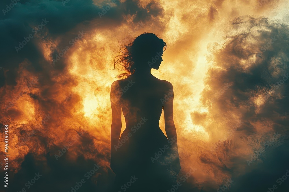 female empowerment silhouette of strong woman facing tempestuous storm dramatic lighting turbulent sky themes of resilience courage and inner strength powerful allegorical image female empowerment silhouette of strong woman facing tempestuous storm dramatic lighting turbulent sky themes of resilience courage and inner strength powerful allegorical image