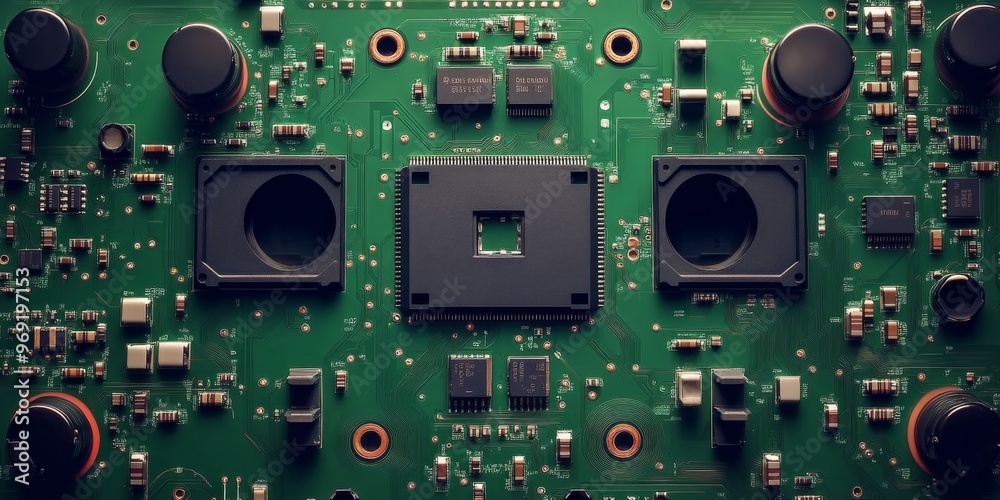 Fototapeta premium Closeup of green electronic circuit board with radio parts and chip processors background