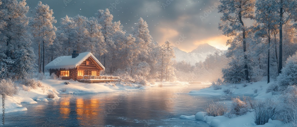 Fototapeta premium Cozy Cabin Nestled in a Snowy Winter Forest by a River