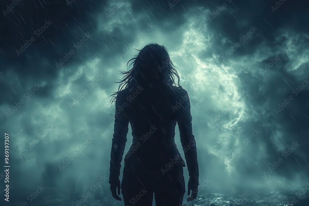 Obraz premium female empowerment silhouette of strong woman facing tempestuous storm dramatic lighting turbulent sky themes of resilience courage and inner strength powerful allegorical image