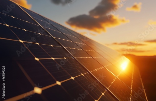 Close-up of a photovoltaic solar panel with a sunset sky background,  close-up, super-detailed, sharp focus, cinematic lighting, and sharp details.