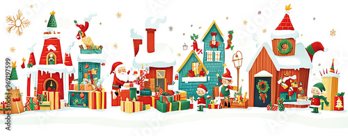 Charming Christmas village scene with festive decorations, cheerful elves, and colorful presents. Perfect for holiday celebrations and greeting cards.