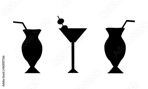 Set of black silhouettes of glasses with summer cocktails, refreshing cool alcoholic and non-alcoholic drinks - vector flat illustration, icons