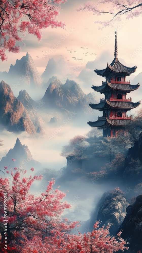 Obraz premium Ancient pagoda in misty mountain landscape with cherry blossoms