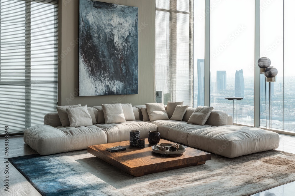 Fototapeta premium Modern living room with a cozy sectional and city view.