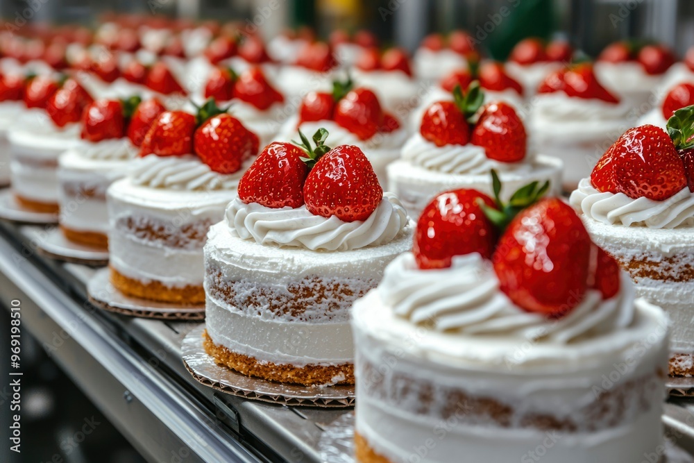 Close-up of a Row of Strawberry Shortcakes with Whipped Cream Close-up of a Row of Strawberry Shortcakes with Whipped Cream