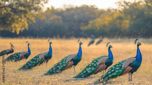 A group of peacocks roaming freely in a large, open field, their colorful feathers glistening under the sun.