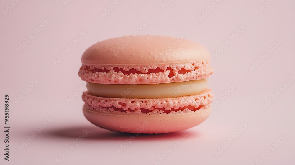 A single, peach-colored macaron with white filling, on a pink background. A single, peach-colored macaron with white filling, on a pink background.