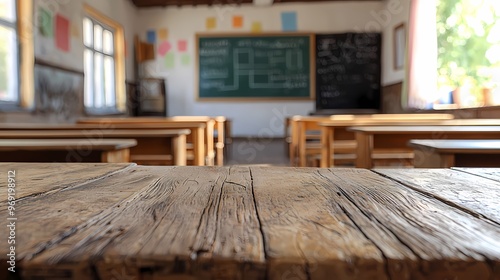 Empty classroom with wooden desks and chalkboard, evoking a sense of nostalgia.