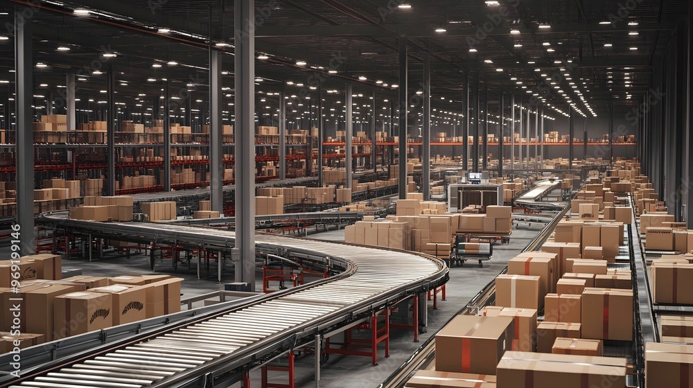 A large, modern warehouse featuring automated conveyor belts transporting packages, showcasing industrial logistics and efficient distribution systems. A large, modern warehouse featuring automated conveyor belts transporting packages, showcasing industrial logistics and efficient distribution systems.