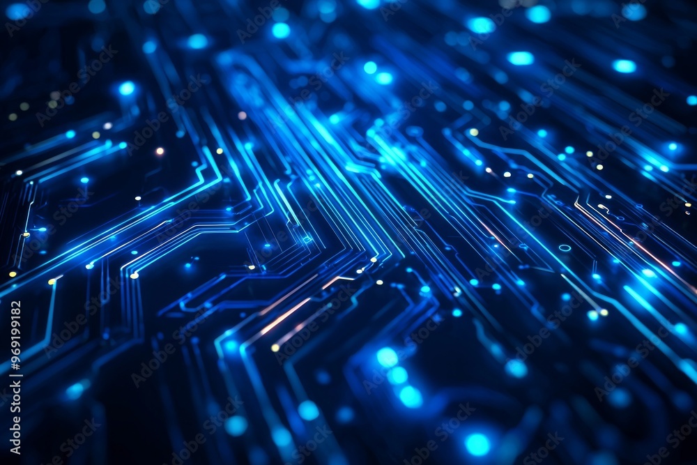 Abstract blue neon lines in a digital circuitry pattern, blue neon lines on a dark background Abstract blue neon lines in a digital circuitry pattern, blue neon lines on a dark background