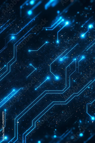 Abstract blue neon lines in a digital circuitry pattern, blue neon lines on a dark background 