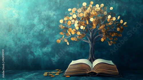 An artistic depiction of a tree made of golden coins growing from an open book, symbolizing knowledge, wealth, and financial growth. photo