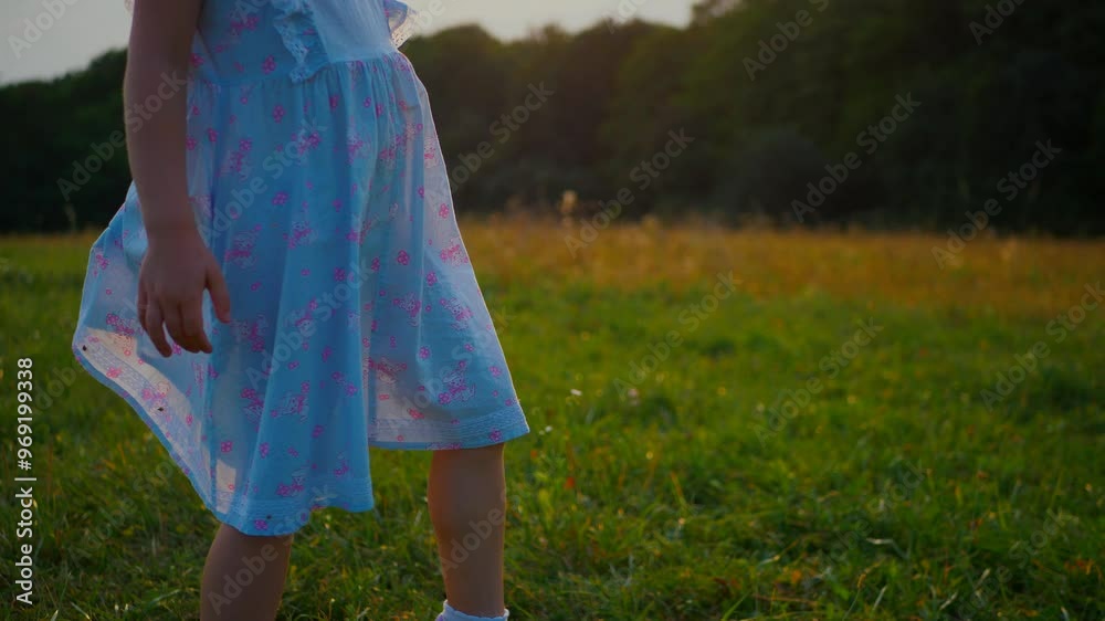 A little girl in a blue dress standing happily in a sunlit field. A ...