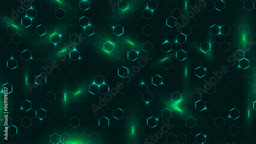 Hexagonal cyberspace green background. Futuristic hexagon grid tech pattern.