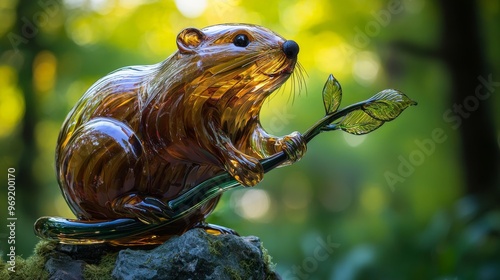 A fully glass beaver with a lifelike tail holding a branch on a forest green background
