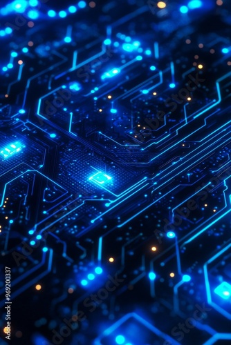 Abstract blue neon lines in a digital circuitry pattern, blue neon lines on a dark background 