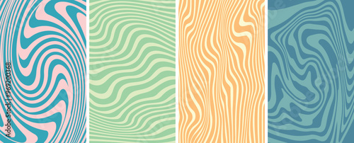 Hand drawn backgrounds pattern set marble stains warped streaks distorted wavy lines doodle funky groovy hippie striped collection