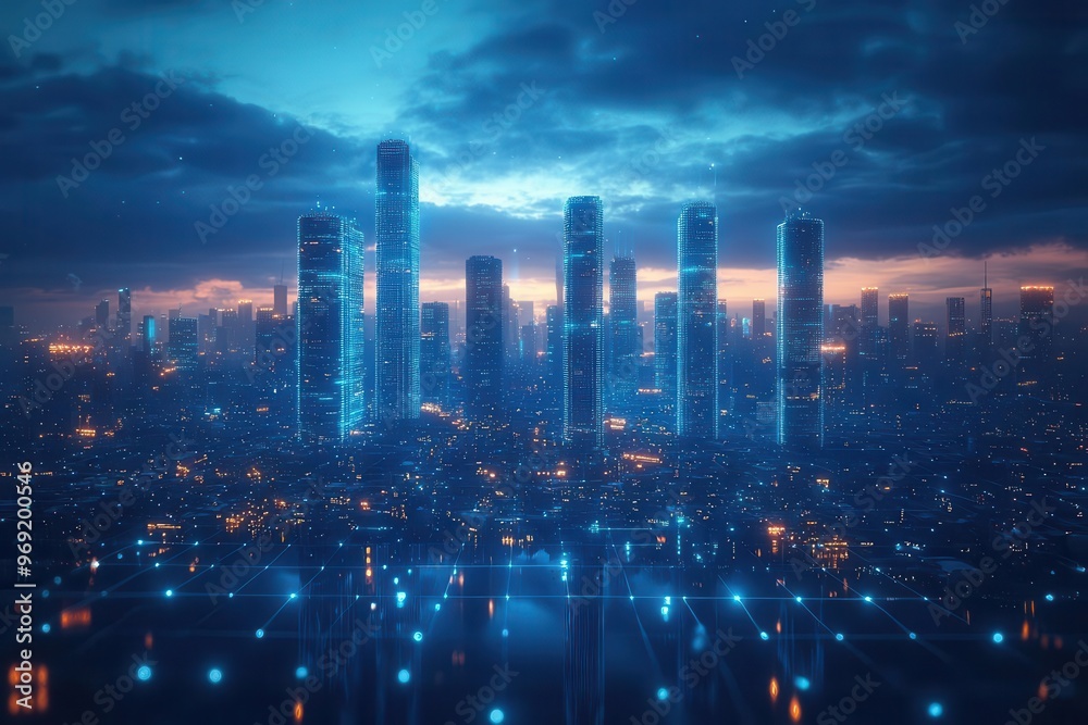Fototapeta premium futuristic cityscape visualization with glowing blue nodes and white interconnected lines representing global data networks and smart city technology on a dark background