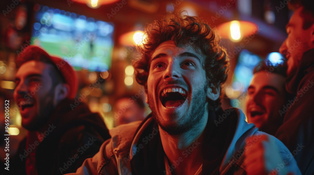 Excited men cheering in night club blur background Excited men cheering in night club blur background