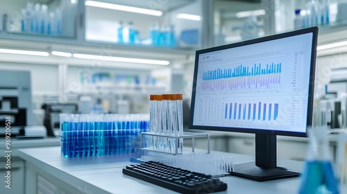 A high-tech laboratory with test tubes and a computer displaying data analysis, representing scientific research and experimentation in a sterile environment.