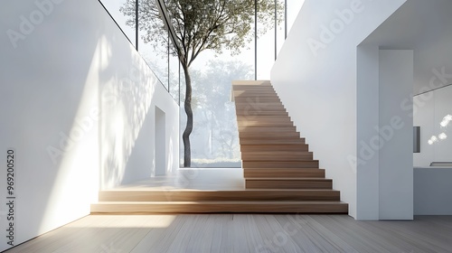 A bright, minimalist interior featuring a floating wooden staircase and large windows showcasing an outdoor tree, blending nature with modern design.