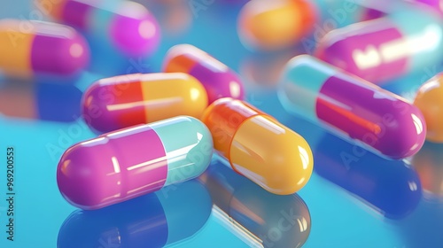 Close-up of brightly colored pharmaceutical capsules scattered on a reflective surface, representing medication, healthcare, and modern medicine.