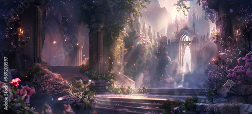 Enchanting fantasy landscape with mystical ruins and glowing sunlight photo