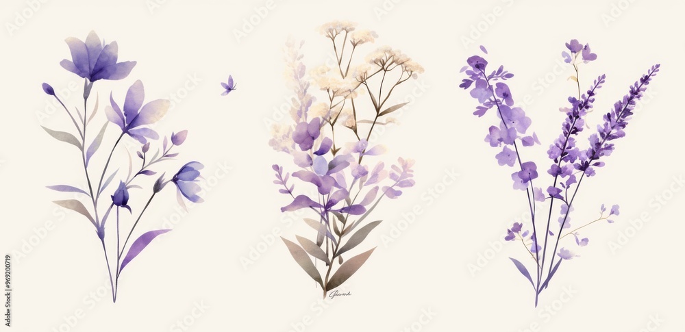 Fototapeta premium Set of Three Minimalist Posters Featuring Watercolor Purple Flowers on White Background, with Thin Golden Lines and Simple Designs. Elegant and Modern Art for Stylish Decor.