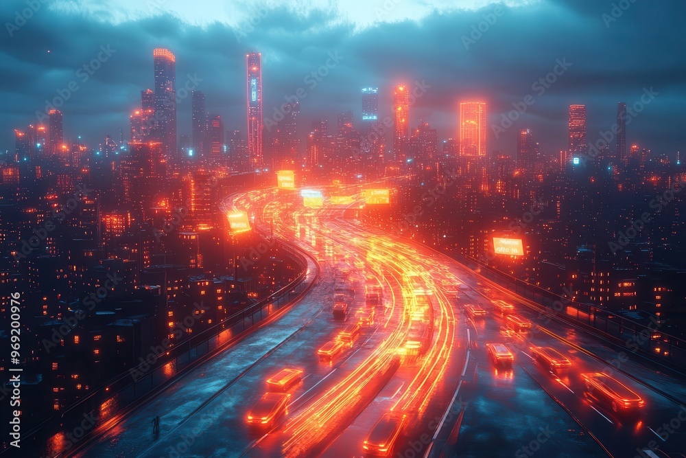 Obraz premium futuristic cityscape with autonomous vehicles leaving light trails holographic road signs and interconnected smart infrastructure bathed in neon glow