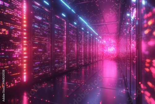 futuristic cloud data center holographic projections of server racks streaming data visualizations glowing fiber optic connections sleek metallic surfaces