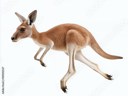 A red kangaroo joey jumps mid-air against a white background. photo